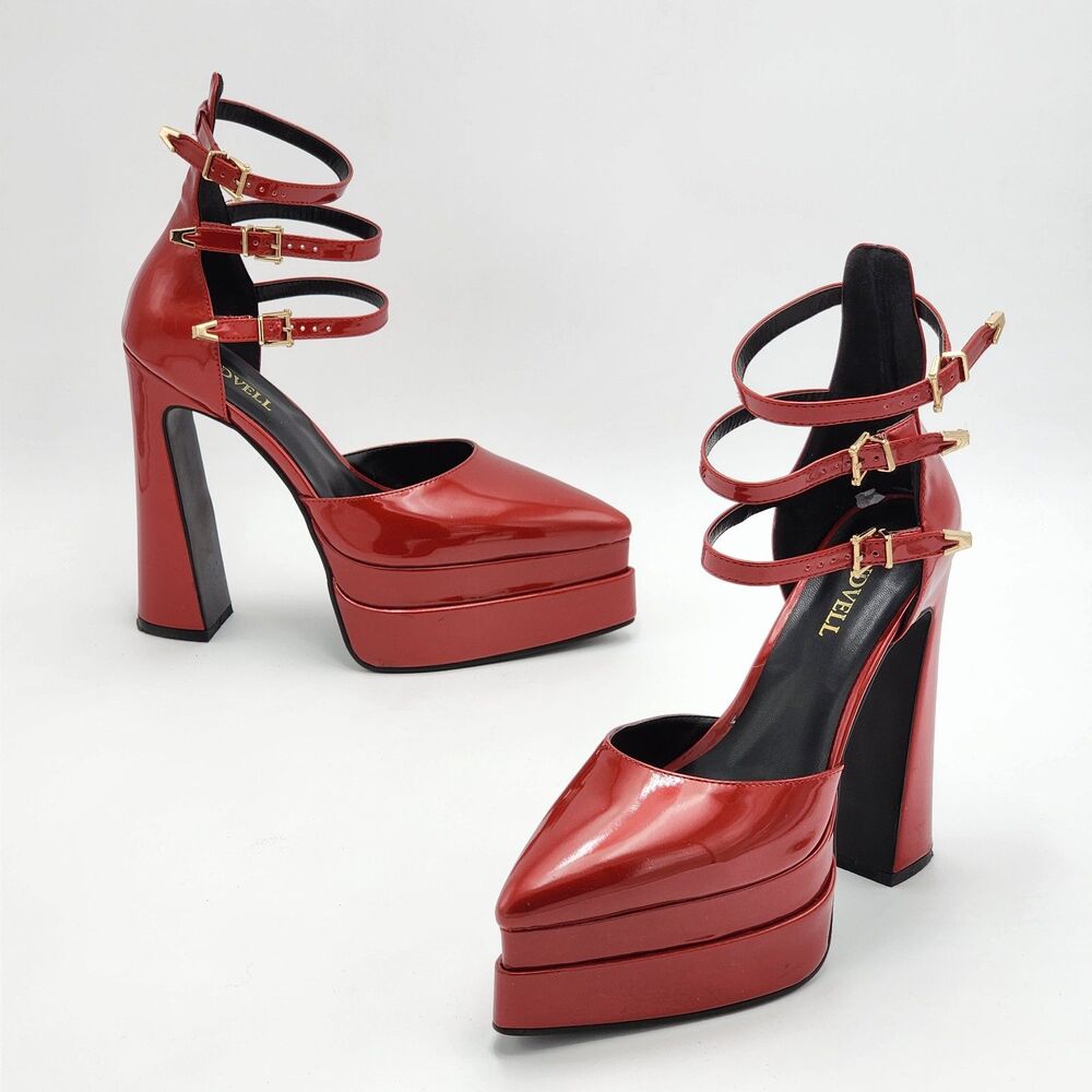 Red Triple-Strap Platform Pumps - Women Shoes Platforms